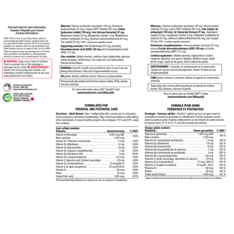 Jamieson 100% Complete Prenatal Multivitamin with DHA 60 Softgels