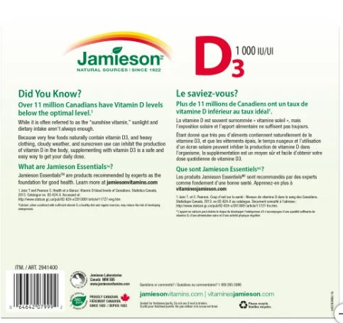 Jamieson Vitamin D3 1000 IU 2 x 375 Tablets