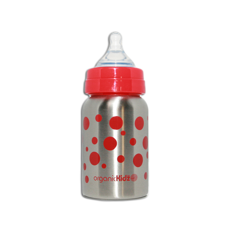 OrganicKidz Stainless Steel Wide Mouth 6M+ Baby Bottle Fast Flow 9oz - Red