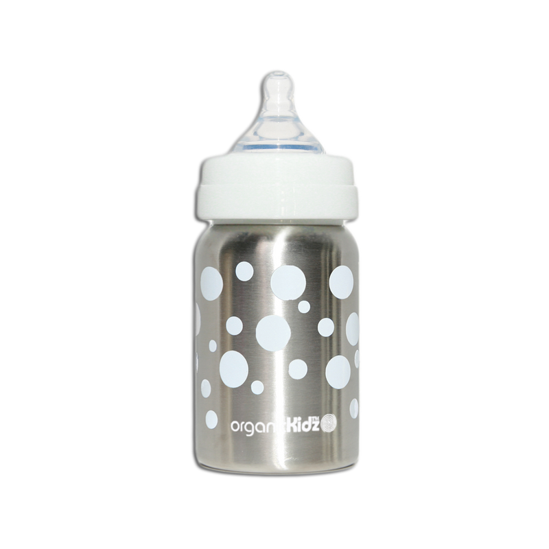 OrganicKidz Stainless Steel Wide Mouth 6M+ Baby Bottle Fast Flow 9oz - White