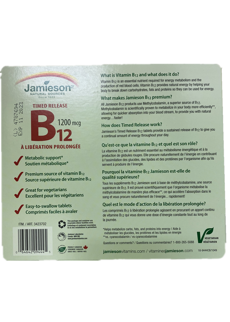 Jamieson Vitamin B12 Timed Release 1200mcg 200 Tablets